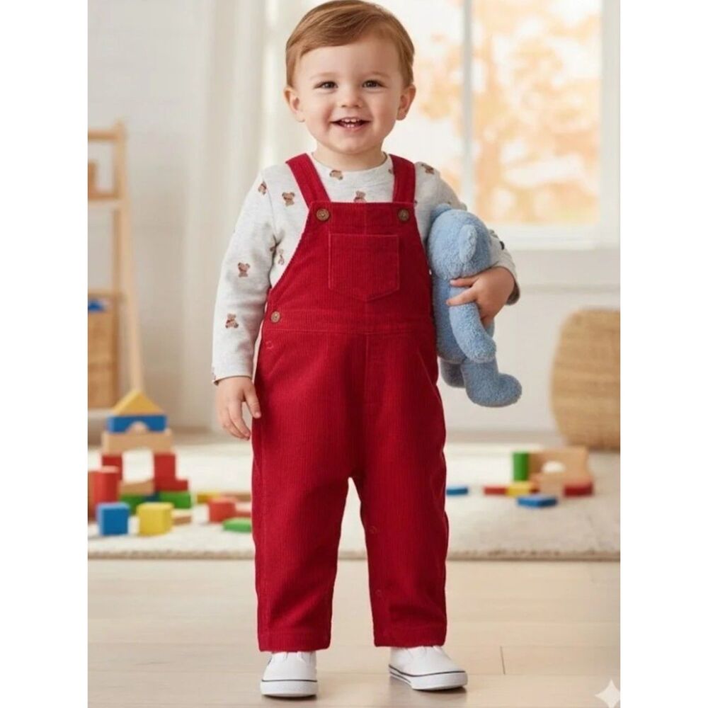 NEW Boys Sz 12 Months Red Corduroy Overalls & Teddy Bear Theme Shirt 2 Pc Outfit